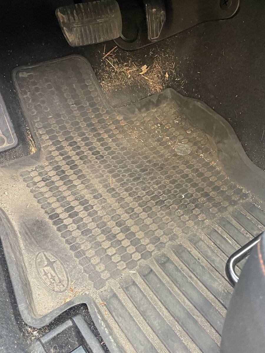 Subaru Crosstrek driver floor mat before detailing — dried grass, pine needles and dust caked into the rubber